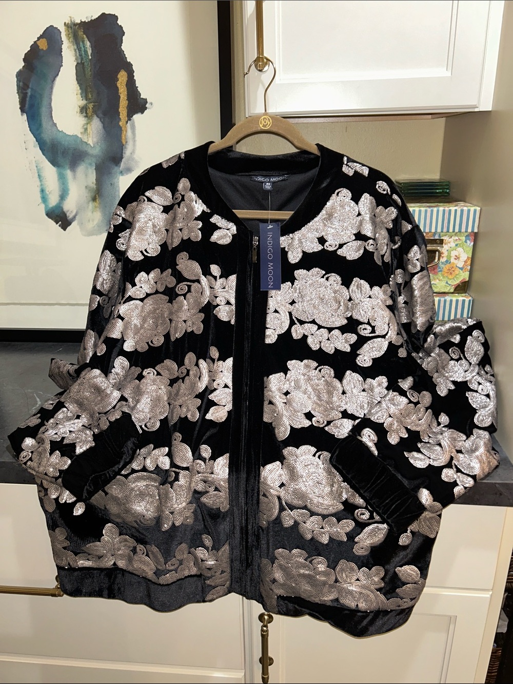 NEW Indigo Moon Plus 2X Silver Sequin Black velvet Bomber Zip Up Jacket Holiday